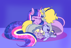 Size: 2048x1397 | Tagged: safe, artist:cubbybatdoodles, character:derpy hooves, character:dinky hooves, character:twilight sparkle, character:twilight sparkle (alicorn), oc, parent:derpy hooves, parent:ponet, parent:twilight sparkle, parents:ponetderp, parents:twerpy, species:alicorn, species:pegasus, species:pony, species:unicorn, ship:twerpy, daughter, equestria's best daughter, equestria's best mother, female, filly, leonine tail, lesbian, magical lesbian spawn, mare, mother, mother and child, mother and daughter, offspring, shipping, wife, wives
