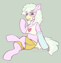 Size: 881x907 | Tagged: safe, artist:crimmharmony, oc, oc only, oc:loveshy, species:earth pony, species:pony, clothing, face mask, femboy, girly, male, mask, midriff, short shirt, shorts, sock, solo, stallion, sweat, tank top, workout outfit