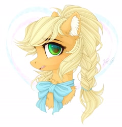 Size: 1865x1940 | Tagged: safe, artist:vird-gi, character:applejack, species:pony, alternate hairstyle, bow tie, braid, bust, chest fluff, cute, ear fluff, female, jackabetes, mare, open mouth, portrait, profile, solo