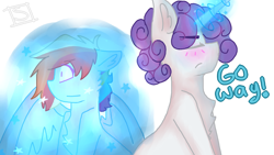 Size: 2560x1440 | Tagged: safe, artist:shinningblossom12, character:rainbow dash, character:rarity, species:pegasus, species:pony, species:unicorn, blushing, duo, elusive, eyes closed, glowing horn, horn, magic, rainbow blitz, rule 63, simple background, talking, telekinesis, white background, wide eyes