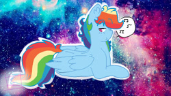 Size: 640x360 | Tagged: safe, artist:shinningblossom12, character:rainbow dash, species:pegasus, species:pony, female, looking at you, music notes, prone, solo, space, whistle, whistling
