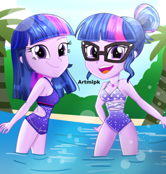 Size: 2000x2100 | Tagged: safe, artist:artmlpk, character:twilight sparkle, character:twilight sparkle (scitwi), species:eqg human, my little pony:equestria girls, alternate hairstyle, beach, breasts, cleavage, clothing, cute, digital art, duo, duo female, female, glasses, hair bun, looking at you, open mouth, open-back swimsuit, palm tree, self paradox, sleeveless, smiley face, smiling, smiling at you, summer, swimsuit, tree, twiabetes, twolight, watermark
