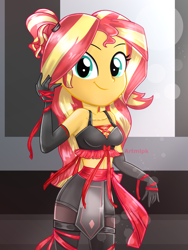 Size: 1800x2400 | Tagged: safe, artist:artmlpk, character:sunset shimmer, my little pony:equestria girls, adorable face, adorasexy, adorkable, alternate hairstyle, bare shoulders, beautiful, boots, bow, clothing, costume, cute, design, digital art, dork, evening gloves, female, gloves, high res, kunoichi, long gloves, looking at you, midriff, ninja, ninja costume, outfit, pigtails, ponytail, ribbon, sexy, shimmerbetes, shoes, shorts, sleeveless, smiling, smiling at you, socks, solo, sports bra, thigh boots, thigh highs, thighs, watermark