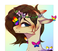 Size: 1637x1427 | Tagged: safe, artist:sweetmelon556, oc, oc:fianna, species:pony, bisexual pride flag, bust, butterfly, female, mare, portrait, pride, pride flag, solo