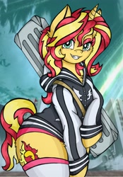 Size: 2857x4096 | Tagged: safe, artist:canvymamamoo, character:sunset shimmer, species:pony, species:unicorn, bipedal, city, clothing, cosplay, costume, eyeshadow, female, hoodie, kill la kill, lidded eyes, looking at you, makeup, mare, smiling, socks, solo, stockings, thigh highs