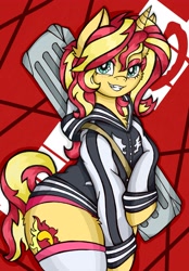 Size: 2857x4096 | Tagged: safe, alternate version, artist:canvymamamoo, character:sunset shimmer, species:pony, species:unicorn, abstract background, bipedal, clothing, cosplay, costume, eyeshadow, female, hoodie, kill la kill, lidded eyes, looking at you, makeup, mare, ryuko matoi, smiling, socks, solo, stockings, thigh highs