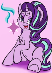 Size: 2480x3508 | Tagged: safe, artist:canvymamamoo, character:starlight glimmer, species:pony, species:unicorn, belly button, chest fluff, cutie mark background, ear fluff, female, happy, heart eyes, lidded eyes, mare, open mouth, raised hoof, sitting, smiling, solo, underhoof, wingding eyes