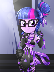 Size: 1800x2400 | Tagged: safe, artist:artmlpk, character:twilight sparkle, character:twilight sparkle (scitwi), species:eqg human, my little pony:equestria girls, adorable face, adorasexy, adorkable, alternate hairstyle, bare chest, bare shoulders, beautiful, beret, black skirt, boots, bow, choker, clothing, costume, cute, design, digital art, dork, evening gloves, female, gloves, hair bun, hat, long gloves, looking at you, midriff, ninja, outfit, ribbon, sexy, shoes, skirt, sleeveless, smiling, smiling at you, socks, solo, sports bra, thigh boots, thigh highs, thighs, twiabetes, watermark
