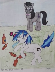Size: 899x1156 | Tagged: safe, artist:rapidsnap, character:dj pon-3, character:octavia melody, character:vinyl scratch, beer bottle, drool, drunk, newcastle brown ale, passed out, sleeping, snoozing on floor, snoring, spilled drink, traditional art, unamused, unconscious