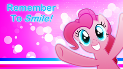 Size: 3840x2160 | Tagged: safe, artist:game-beatx14, artist:sollace, edit, character:pinkie pie, species:earth pony, species:pony, female, mare, smiling, solo, text, wallpaper, wallpaper edit