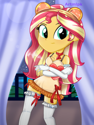 Size: 1800x2400 | Tagged: safe, artist:artmlpk, character:sunset shimmer, my little pony:equestria girls, adorable face, adorasexy, adorkable, balcony, bear, big head, blushing, choker, clothing, costume, curtains, cute, design, digital art, dork, female, gloves, headband, holding, long gloves, looking at you, outfit, plushie, ribbon, sexy, shimmerbetes, smiling, smiling at you, socks