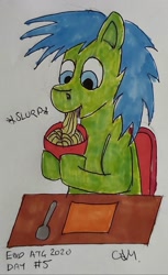 Size: 775x1268 | Tagged: safe, artist:rapidsnap, oc, oc only, oc:rapidsnap, species:pony, newbie artist training grounds, atg 2020, eating, food, noodles, slurp, solo, traditional art