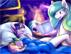 Size: 1024x768 | Tagged: safe, artist:fizzy-dog, character:princess celestia, character:spike, character:twilight sparkle, species:dragon, species:pony, species:unicorn, bed, bedtime story, book, chest fluff, cute, eyes closed, female, filly, male, mare, missing accessory, momlestia, open mouth, younger