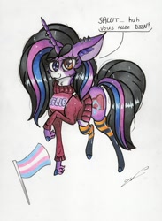 Size: 1280x1752 | Tagged: safe, artist:luxiwind, oc, oc:mélodie pure, species:pony, species:unicorn, clothing, cute, female, french text, heterochromia, horn, horn piercing, piercing, pride, pride flag, socks, sweater, transgender pride flag