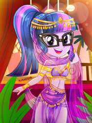Size: 1800x2400 | Tagged: safe, artist:artmlpk, character:twilight sparkle, character:twilight sparkle (scitwi), species:eqg human, my little pony:equestria girls, adorable face, adorasexy, adorkable, armlet, balcony, bare chest, bare shoulders, beautiful, belly, belly dancer, belly dancer outfit, bracelet, chair, clothing, crown, cute, dancing, design, digital art, dork, egyptian, eyelashes, fanart, female, genie, geniefied, glasses, goddess, gold, hair, harem outfit, jewelry, leaf, looking at you, midriff, necklace, open mouth, outfit, palace, palm tree, pillow, plant, ponytail, pose, raised eyebrow, regalia, sarong, sexy, skirt, smiley face, smiling, smiling at you, solo, stupid sexy sci-twi, tree, twiabetes, veil, watermark