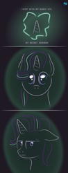 Size: 451x1155 | Tagged: safe, artist:quint-t-w, character:starlight glimmer, species:pony, species:unicorn, newbie artist training grounds, :i, atg 2020, breaking the fourth wall, bust, comic, female, floppy ears, gradient background, horn, i mean i see, looking at you, magic, minimalist, modern art, solo