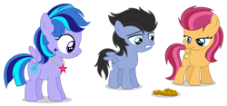 Size: 1280x598 | Tagged: safe, artist:razorbladetheunicron, base used, oc, oc only, oc:dewdrop glisten, oc:gust clock, oc:obsidian pie, parent:flash sentry, parent:limestone pie, parent:soarin', parent:twilight sparkle, parents:flashlight, parents:limin', species:pegasus, species:pony, colt, facial markings, female, filly, foal, gradient eyes, group, horseshoes, jewelry, male, necklace, next generation, offspring, simple background, transparent background, trio