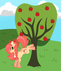 Size: 2776x3260 | Tagged: safe, artist:crazysketch101, oc, oc only, oc:fugi, species:earth pony, species:pony, apple, apple tree, applebucking, solo, tree