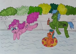 Size: 1202x860 | Tagged: safe, artist:rapidsnap, character:pinkie pie, oc, oc:rapidsnap, cute, diapinkes, eyes closed, newcastle brown ale, ocbetes, relaxing, swimming pool, traditional art, trio