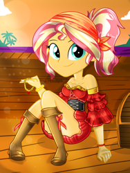 Size: 1800x2400 | Tagged: safe, artist:artmlpk, character:sunset shimmer, my little pony:equestria girls, adorable face, adorasexy, adorkable, alternate hairstyle, bandana, bare chest, bare shoulders, beautiful, boots, chest, clothing, corset, costume, cute, design, digital art, dork, female, island, jewelry, looking at you, ocean, outfit, pirate, pirate ship, pirate sunset, ponytail, schrödinger's pantsu, sexy, shimmer me timbers, shimmerbetes, shoes, sitting, skirt, smiling, smiling at you, solo, stupid sexy sunset shimmer, sunset, treasure chest, tresure chest, upskirt denied, water, watermark