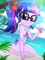 Size: 1800x2400 | Tagged: safe, artist:artmlpk, character:twilight sparkle, character:twilight sparkle (scitwi), species:eqg human, my little pony:equestria girls, adorable face, adorasexy, adorkable, alternate hairstyle, barefoot, beach, beautiful, clothing, cute, digital art, dork, feet, female, flower, flower in hair, looking at you, one-piece swimsuit, palm tree, plant, ponytail, sexy, sitting, sleeveless, smiling, smiling at you, smoothie, solo, swimsuit, tree, twiabetes, water, watermark