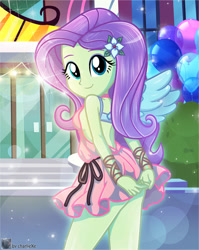 Size: 683x860 | Tagged: safe, artist:charliexe, character:fluttershy, my little pony:equestria girls, adorasexy, balloon, breasts, canterlot high, clothing, cute, dress, female, hands behind back, legs, looking at you, looking back, looking back at you, schrödinger's pantsu, sexy, shyabetes, sideboob, smiling, solo, steps, story included, upskirt denied, waistband, wings, wrist wraps