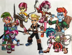 Size: 3695x2816 | Tagged: safe, artist:bozzerkazooers, character:melody, character:patch (g1), character:sweetheart, oc, oc only, oc:ace, oc:clover bloom, oc:sweetheart, oc:teddy, my little pony:equestria girls, baton, belt, boots, butterfly sword, chain claw, chakram, clothing, half note (g1), hammer, hat, looking at you, martial arts, microphone, ninja, pants, pose, poster, shinia bamboo sword, shirt, shoes, simple background, skirt, smiling, sneakers, sweater, sweater around waist, tang sword, traditional art, war hammer, weapon, white background