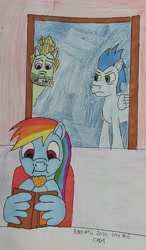 Size: 822x1403 | Tagged: safe, artist:rapidsnap, character:rainbow dash, character:soarin', character:zephyr breeze, species:pegasus, species:pony, ship:soarindash, annoyed, cookie, exploitable meme, female, food, jealous soarin', male, meme, reading, reading rainbow, shipping, straight, traditional art, wing hands, wings