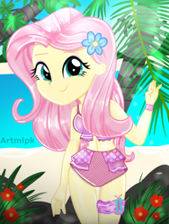Size: 1800x2400 | Tagged: safe, artist:artmlpk, character:fluttershy, my little pony:equestria girls, adorable face, adorasexy, adorkable, beach, beautiful, bikini, bracelet, clothing, cute, digital art, dork, female, flower, flower in hair, jewelry, looking at you, ocean, outfit, palm tree, plant, rock, sand, scrunchie, sexy, shyabetes, smiling, smiling at you, solo, sunflare, swimsuit, tree, watermark