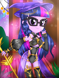 Size: 1800x2400 | Tagged: safe, artist:artmlpk, character:twilight sparkle, character:twilight sparkle (scitwi), species:eqg human, my little pony:equestria girls, adorable face, adorasexy, adorkable, alternate hairstyle, beautiful, boots, bow, clothing, costume, cute, design, digital art, dork, female, glasses, gold, hat, hips, looking at you, mage, magic, magic aura, moon, night, outfit, sexy, shoes, smiling, smiling at you, smirk, socks, solo, stars, thigh boots, thigh highs, thighs, twiabetes, wand, wizard, wizard hat