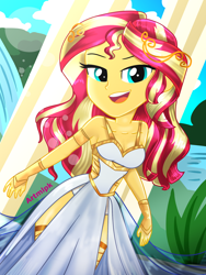 Size: 1800x2400 | Tagged: safe, artist:artmlpk, character:sunset shimmer, my little pony:equestria girls, adorable face, adorasexy, alternate hairstyle, armlet, bare chest, bare shoulders, beautiful, breasts, cleavage, clothing, crown, cute, design, dress, female, goddess, greek, greek goddess, jewelry, looking at you, ocean, open mouth, outfit, plant, regalia, sexy, shimmerbetes, sleeveless, smiley face, smiling, smiling at you, solo, sunflare, water, waterfall, watermark