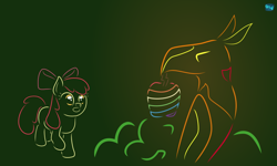 Size: 750x451 | Tagged: safe, artist:quint-t-w, character:apple bloom, species:earth pony, species:phoenix, species:pony, newbie artist training grounds, apple, atg 2020, beak hold, bow, food, gradient background, hair bow, looking at each other, minimalist, modern art, open mouth, tree, zap apple