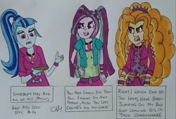 Size: 1206x816 | Tagged: safe, artist:rapidsnap, character:adagio dazzle, character:aria blaze, character:sonata dusk, newbie artist training grounds, my little pony:equestria girls, annoyed, argument, atg 2020, engrish, female, food, simple background, taco, the dazzlings, traditional art, white background