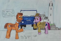 Size: 1083x720 | Tagged: safe, artist:rapidsnap, character:vera, crossover, dci vera stanhope, detective, land rover, lighthouse, parking ticket, traditional art