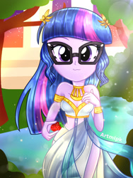 Size: 1800x2400 | Tagged: safe, artist:artmlpk, character:twilight sparkle, character:twilight sparkle (scitwi), species:eqg human, my little pony:equestria girls, :3, adorable face, adorasexy, adorkable, alternate hairstyle, armlet, bare chest, beautiful, clothing, crown, cute, design, digital art, dork, dress, female, food, goddess, gold, greek, greek goddess, hand on chest, hips, holding, jewelry, looking at you, necklace, outfit, plant, regalia, sexy, smiling, smiling at you, solo, stars, strawberry, sunflare, sunset, tree, twiabetes, water, watermark