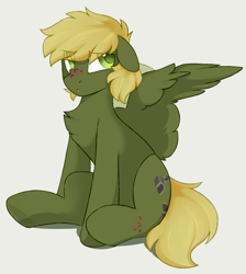 Size: 1111x1239 | Tagged: safe, artist:crimmharmony, oc, oc only, oc:murky, species:pegasus, species:pony, fallout equestria, fallout equestria: murky number seven, fanfic art, male, murkynumberseven, pouting, shaded sketch, simple background, sitting, solo, stallion