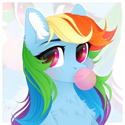 Size: 1900x1900 | Tagged: safe, artist:vird-gi, character:rainbow dash, species:pegasus, species:pony, bubblegum, cheek fluff, chest fluff, cute, dashabetes, ear fluff, female, food, gum, leg fluff, looking at you, mare, simple background, solo, white background, zoom layer