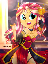 Size: 1800x2400 | Tagged: safe, artist:artmlpk, character:sunset shimmer, my little pony:equestria girls, adorable face, adorasexy, adorkable, alternate hairstyle, bare chest, bare shoulders, beautiful, choker, clothing, crown, cute, dork, emperor, female, gloves, gold, hand on head, jewelry, looking at you, open mouth, queen, red dress, regalia, ruler, sexy, shimmerbetes, side slit, smiley face, smiling, smiling at you, socks, solo, thigh highs, watermark