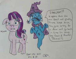 Size: 1132x879 | Tagged: safe, artist:rapidsnap, character:starlight glimmer, character:trixie, floppy ears, ghost, ghost pony, gulp, traditional art, undead