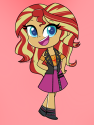 Size: 1800x2400 | Tagged: safe, artist:artmlpk, character:sunset shimmer, g4, my little pony: equestria girls, my little pony:equestria girls, my little pony:pony life, adorable face, adorkable, beautiful, cute, design, digital art, dork, female, hand on hip, looking at you, open mouth, pink background, pony life equestria girls-ified, shimmerbetes, simple background, smiley face, smiling, smiling at you, solo, watermark