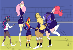 Size: 1287x876 | Tagged: safe, artist:ross irving, character:applejack, character:fluttershy, character:pinkie pie, character:rainbow dash, character:rarity, character:twilight sparkle, humanized, mane six, plot, volleyball