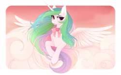 Size: 2400x1500 | Tagged: safe, artist:vird-gi, character:princess celestia, species:alicorn, species:pony, bow, bow tie, cheek fluff, chest fluff, cloud, cute, cutelestia, ear fluff, female, mare, solo, spread wings, wings