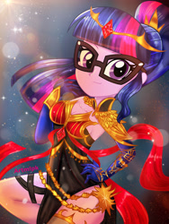 Size: 1800x2400 | Tagged: safe, artist:artmlpk, character:twilight sparkle, character:twilight sparkle (scitwi), species:eqg human, my little pony:equestria girls, adorable face, adorasexy, adorkable, alternate hairstyle, armor, bare chest, beautiful, black dress, clothing, crown, cute, design, digital art, dork, dress, fantasy, fantasy class, female, glasses, gloves, hair, hand on hip, hips, jewelry, long gloves, looking at you, regalia, ruby, sexy, side slit, smiling, smiling at you, solo, sunflare, twiabetes, warrior, watermark