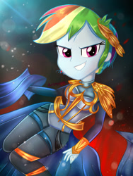 Size: 1800x2400 | Tagged: safe, artist:artmlpk, character:rainbow dash, my little pony:equestria girls, adorable face, adorasexy, adorkable, alternate hairstyle, armband, armor, badass, beautiful, belt, crown, cute, dashabetes, design, digital art, dork, fantasy, fantasy class, female, fire, gold, jewelry, looking at you, pixie cut, regalia, sexy, short hair, smiley face, smiling, smiling at you, solo, sunflare, warrior