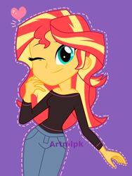 Size: 1800x2400 | Tagged: safe, artist:artmlpk, character:sunset shimmer, my little pony:equestria girls, adorable face, adorkable, beautiful, clothing, cute, digital art, dork, female, heart, jeans, looking at you, one eye closed, pants, shimmerbetes, simple background, smiling, smiling at you, solo, vector, watermark, wink