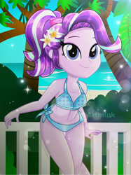 Size: 1800x2401 | Tagged: safe, artist:artmlpk, character:starlight glimmer, species:eqg human, g4, my little pony:equestria girls, adorable face, adorasexy, adorkable, alternate hairstyle, beach, bikini, clothing, cute, digital art, dork, female, flower, flower in hair, glimmerbetes, hips, looking at you, ocean, palm tree, plant, ponytail, scrunchie, sexy, smiling, smiling at you, solo, swimsuit, thighs, tree, two piece swimsuit, water, watermark