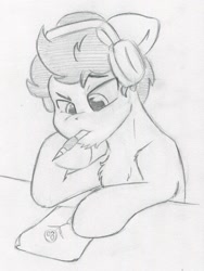 Size: 1542x2055 | Tagged: safe, artist:zemer, oc, species:earth pony, species:pony, chest fluff, drawing, headphones, monochrome, mouth hold, pencil, pencil drawing, stick figure, traditional art