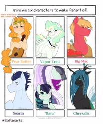Size: 1693x2048 | Tagged: safe, artist:shinningblossom12, character:big mcintosh, character:coloratura, character:countess coloratura, character:pear butter, character:queen chrysalis, character:soarin', character:vapor trail, species:changeling, species:earth pony, species:pegasus, species:pony, g4, apple, bust, changeling queen, clothing, duality, female, floral head wreath, flower, food, guitar, jewelry, male, mare, musical instrument, necklace, see-through, six fanarts, smiling, stallion, unshorn fetlocks, veil, yoke