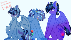 Size: 2560x1440 | Tagged: safe, artist:shinningblossom12, oc, oc only, oc:casanova, oc:fairy glitter, oc:meadow waves, species:bat pony, species:pegasus, species:pony, bat pony oc, bat wings, blep, brothers, chest fluff, colored hooves, ear piercing, earring, eyebrows, eyebrows visible through hair, forked tongue, grin, jewelry, male, pegasus oc, piercing, siblings, simple background, smiling, stallion, text, tongue out, wings