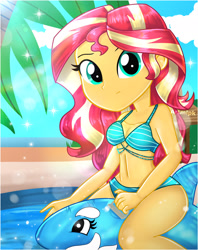 Size: 1900x2398 | Tagged: safe, artist:artmlpk, character:sunset shimmer, my little pony:equestria girls, adorable face, adorasexy, adorkable, bare chest, bare shoulders, beach, beautiful, bikini, clothing, confused, cute, digital art, dork, female, floaty, inflatable, inflatable toy, looking at you, palm tree, pool toy, riding, sexy, shimmerbetes, sleeveless, solo, summer, sunflare, swimming pool, swimsuit, tree, water, watermark